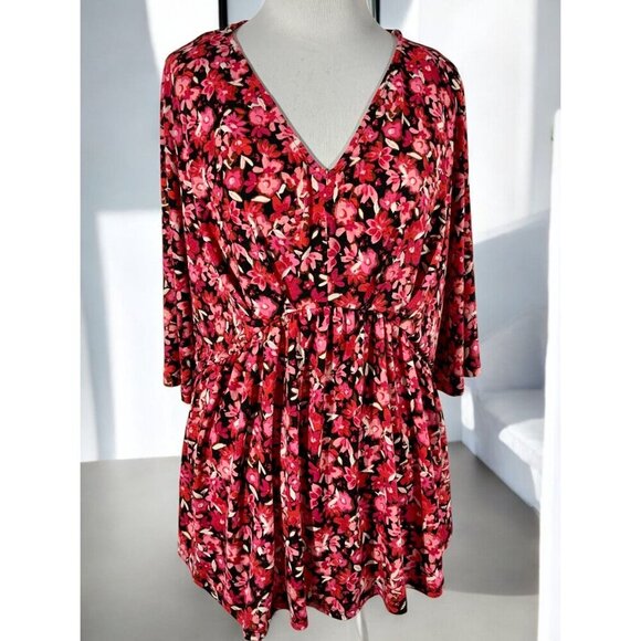 Dear Scarlett Womens Pink Floral Medium Blouse Short Sleeve V-Neckline NEW - Picture 7 of 7